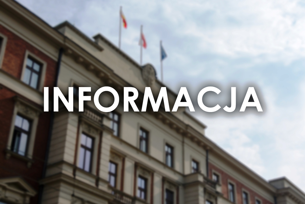Grafika z napisem Informacja - biały napis drukowanymi literami na tle zdjęcia budynku Małopolskiego Urzędu Wojewódzkiego w Krakowie